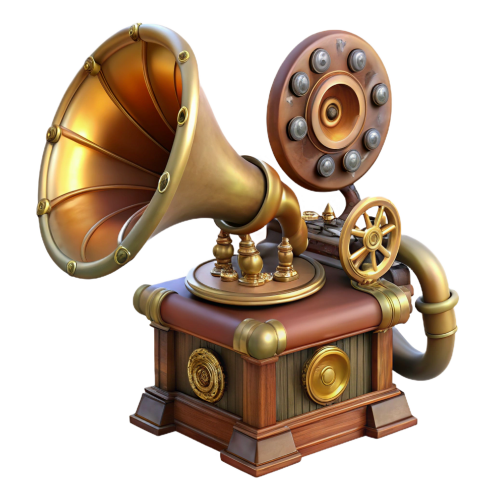 sumptuous classic Steampunk gramophone with ornate horn and visible gears. NO BACKGROUND with Transparent Background. exclusive png