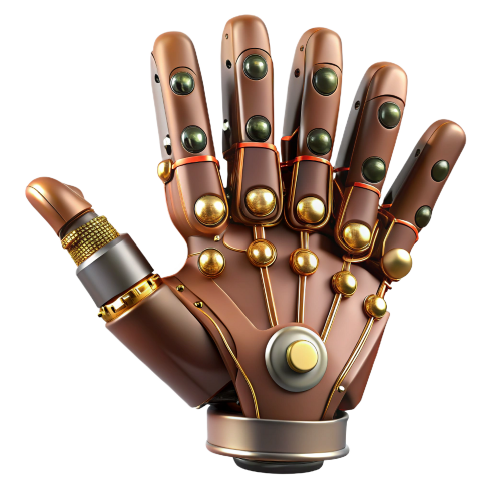 mysterious dazzling Steampunk robotic hand with articulated fingers and exposed wiring. NO BACKGROUND with Transparent Background. impeccable png