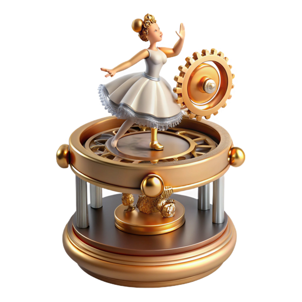 pristine dreamy gothic Steampunk music box with intricate gears and a rotating ballerina. NO BACKGROUND with Transparent Background. artisan png