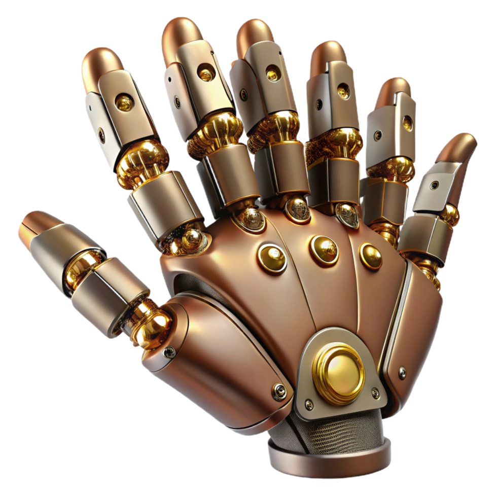 passionate majestic Steampunk robotic hand with articulated fingers and exposed wiring. NO BACKGROUND with Transparent Background. 4K png