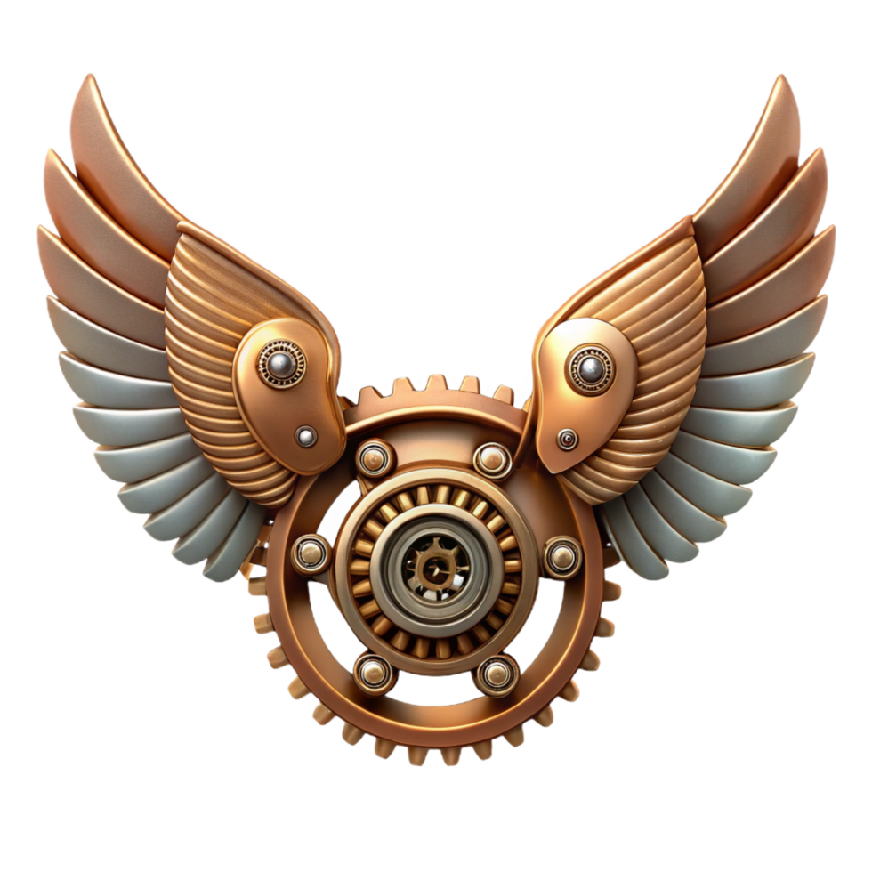 majestic remarkable Steampunk wings with intricate metal framework and gears. NO BACKGROUND with Transparent Background. png