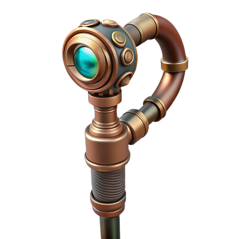 playful breathtaking Steampunk cane with hidden gadgets and intricate carvings. NO BACKGROUND with Transparent Background. crisp png