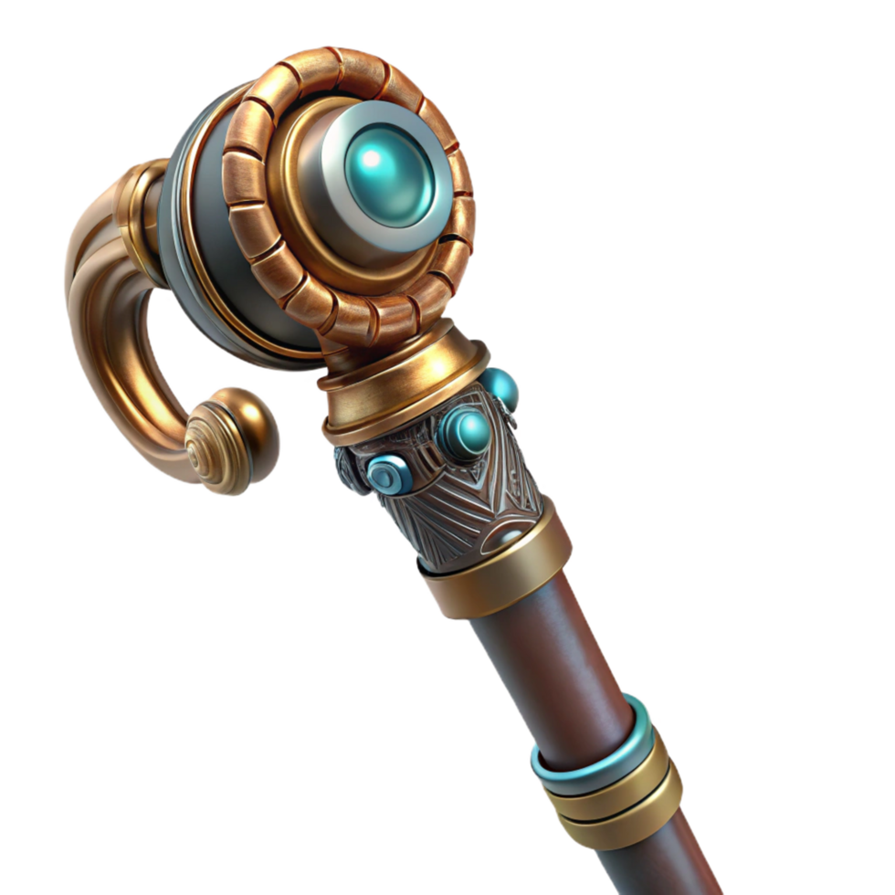 remarkable minimalist Steampunk cane with hidden gadgets and intricate carvings. NO BACKGROUND with Transparent Background. precision png