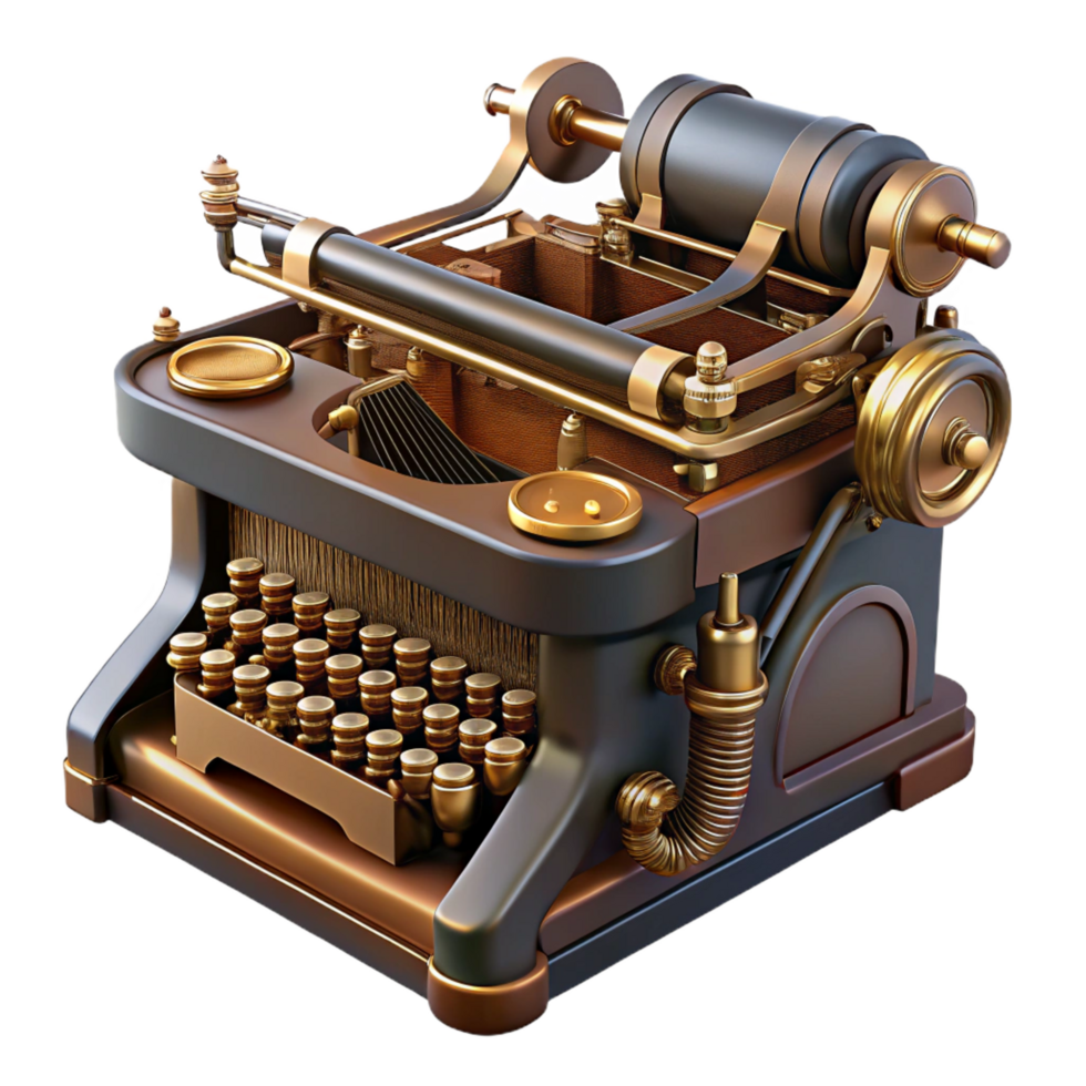 tranquil mesmerizing Steampunk typewriter with visible keys and intricate mechanics. NO BACKGROUND with Transparent Background. crisp png
