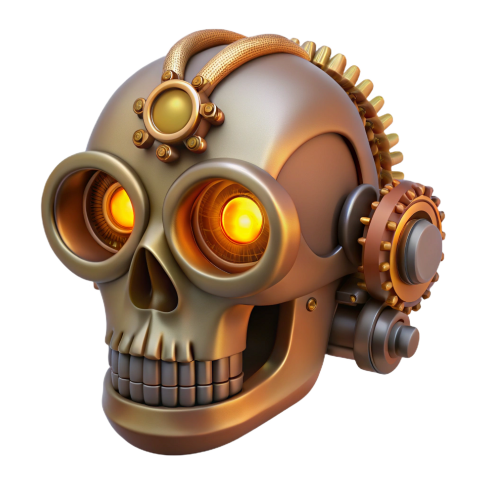 sumptuous joyful victorian Steampunk skull with gears, pipes, and glowing eyes. NO BACKGROUND with Transparent Background. high resolution png