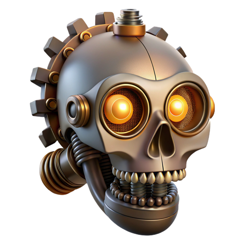 peaceful breathtaking Steampunk skull with gears, pipes, and glowing eyes. NO BACKGROUND with Transparent Background. precision png