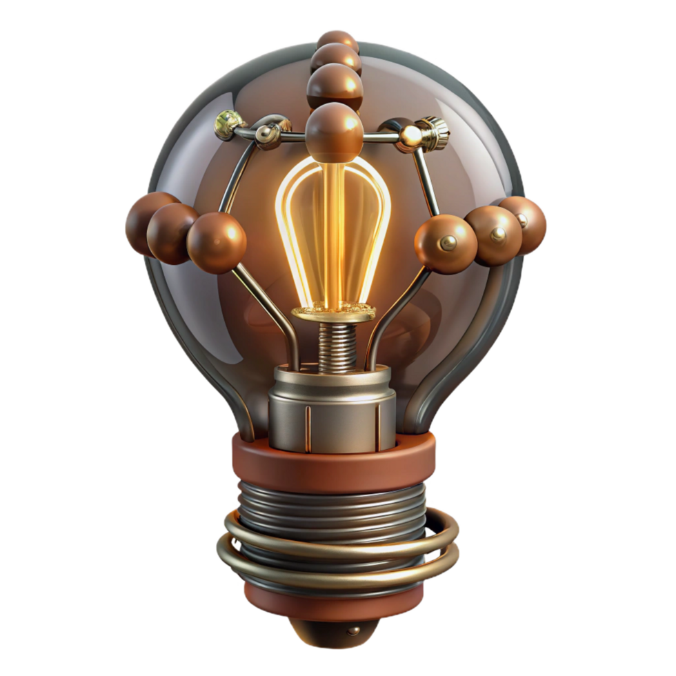 serene notable Steampunk lightbulb with visible filaments and intricate wiring. NO BACKGROUND with Transparent Background. png