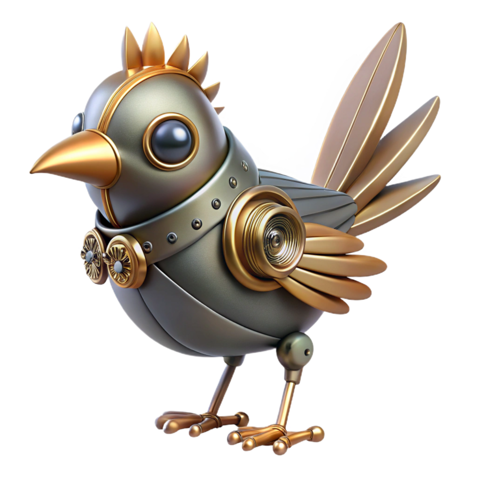 mesmerizing signature Steampunk bird with metal feathers and clockwork mechanisms. NO BACKGROUND with Transparent Background. png