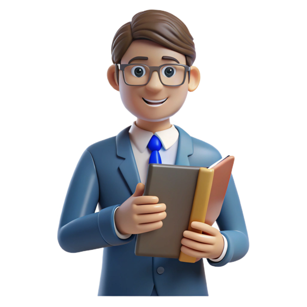 playful striking Teacher holding a book, NO BACKGROUND with Transparent Background. 8K png