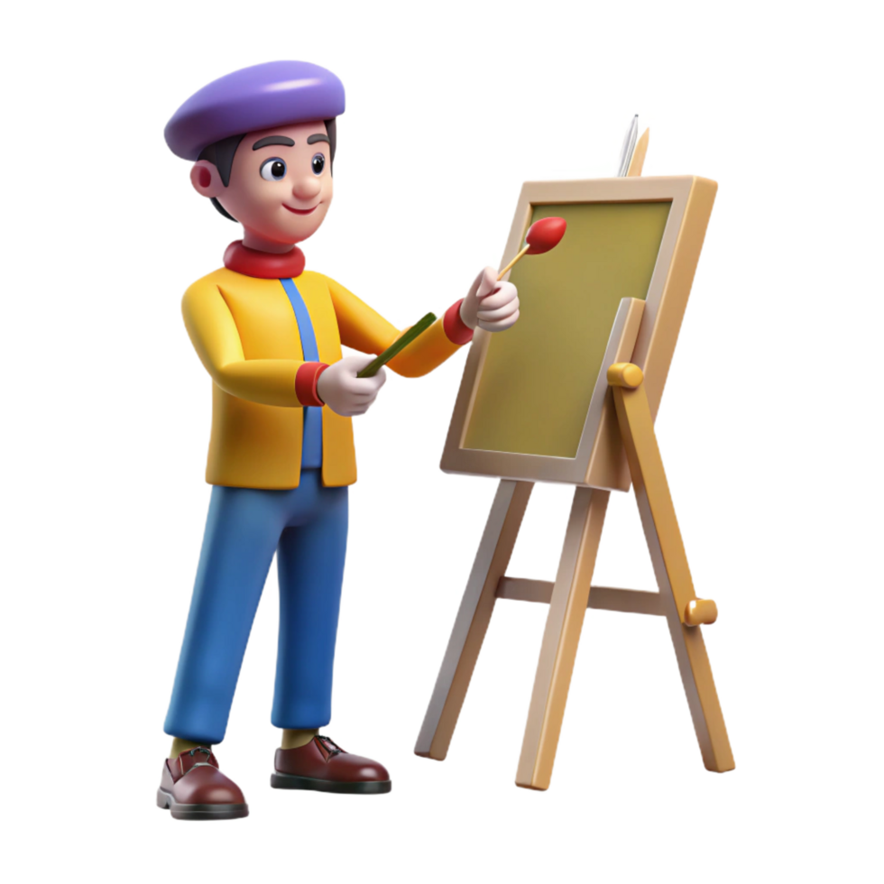 serene futuristic Artist painting on a canvas just the artist, NO BACKGROUND with Transparent Background. detailed png