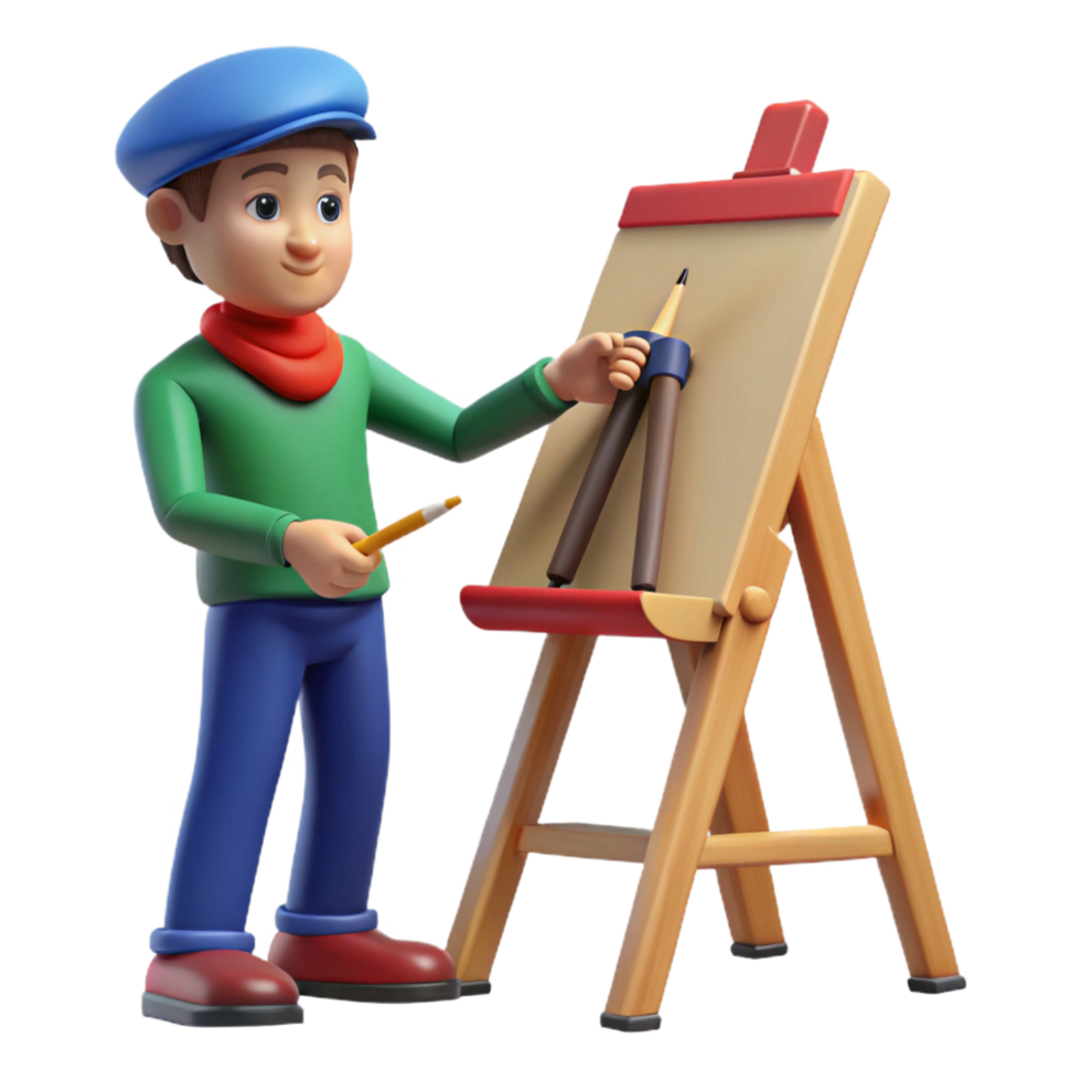 memorable minimalist Artist painting on a canvas just the artist, NO BACKGROUND with Transparent Background. high quality png