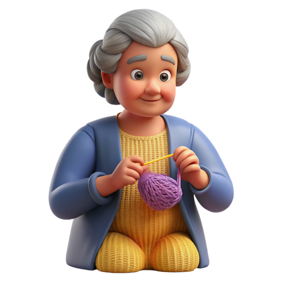 impressive intense bohemian Senior woman knitting, NO BACKGROUND with Transparent Background. flawless png