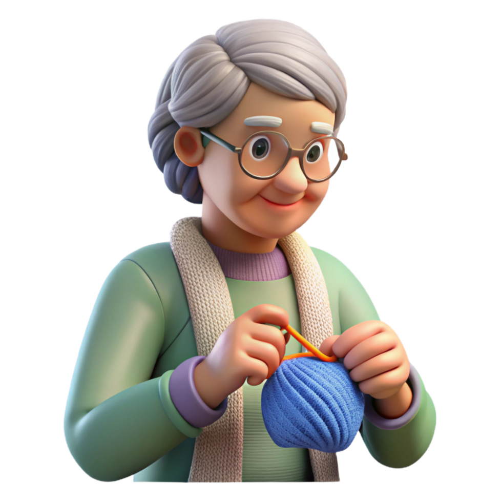 mysterious picturesque Senior woman knitting, NO BACKGROUND with Transparent Background. 4K png