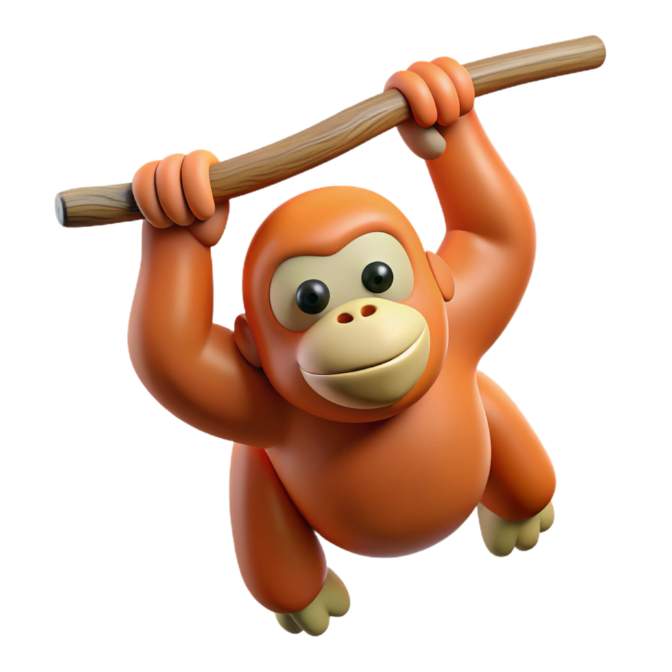 magnificent mid-century A orangutan, hanging from a branch branch not visible. NO BACKGROUND with Transparent Background. detailed png
