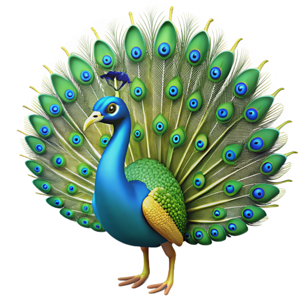serene artistic A regal peacock, tail feathers fully displayed. NO BACKGROUND with Transparent Background. top-tier png