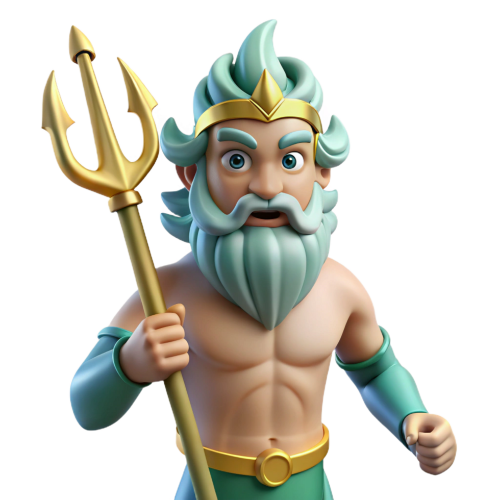 mesmerizing nostalgic contemporary Poseidon, god of the sea, wielding his trident. NO BACKGROUND with Transparent Background. perfect clarity png