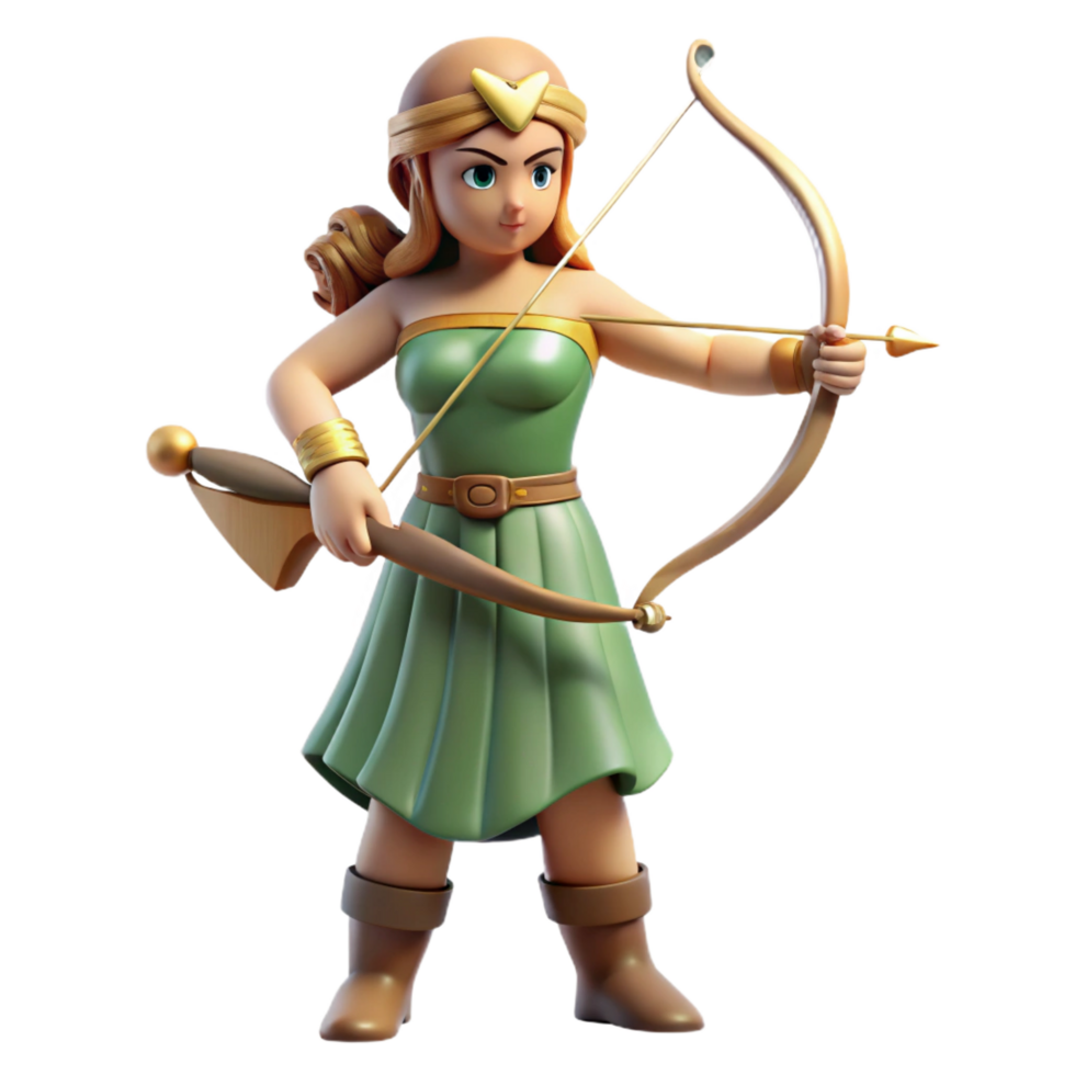 pristine dynamic bohemian Artemis, goddess of the hunt, with a bow and arrow. NO BACKGROUND with Transparent Background. impeccable png