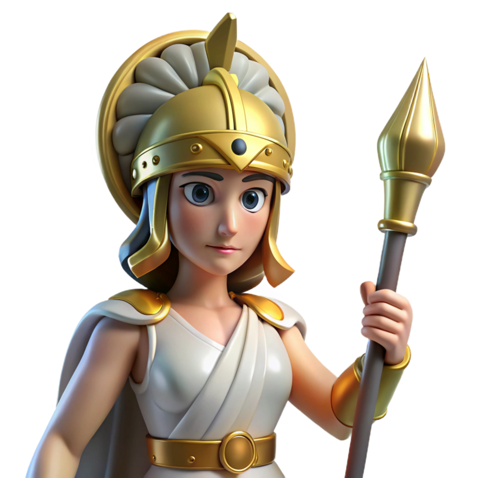 memorable traditional Athena, goddess of wisdom, wearing a helmet and holding a spear. NO BACKGROUND with Transparent Background. fine detail png