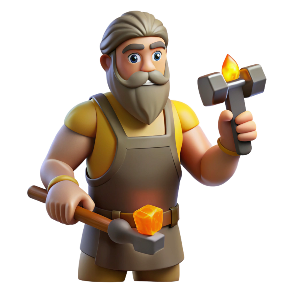 stunning peaceful organic Hephaestus, god of the forge, holding a hammer. NO BACKGROUND with Transparent Background. handcrafted png