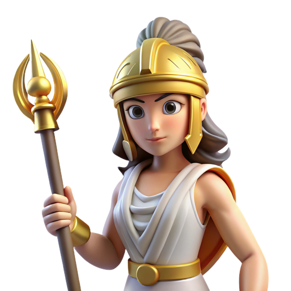 timeless bohemian Athena, goddess of wisdom, wearing a helmet and holding a spear. NO BACKGROUND with Transparent Background. top-tier png