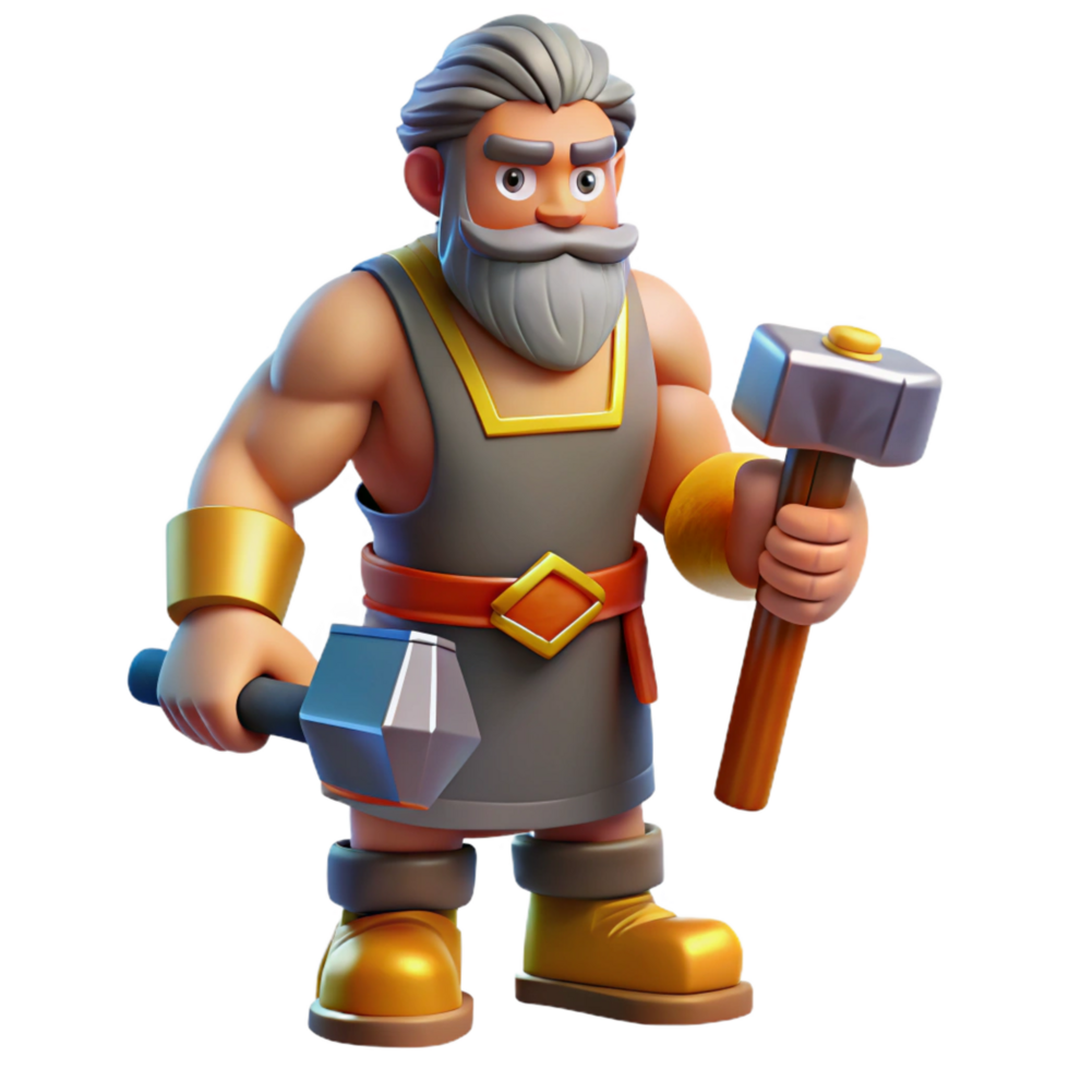impressive urban Hephaestus, god of the forge, holding a hammer. NO BACKGROUND with Transparent Background. high resolution png