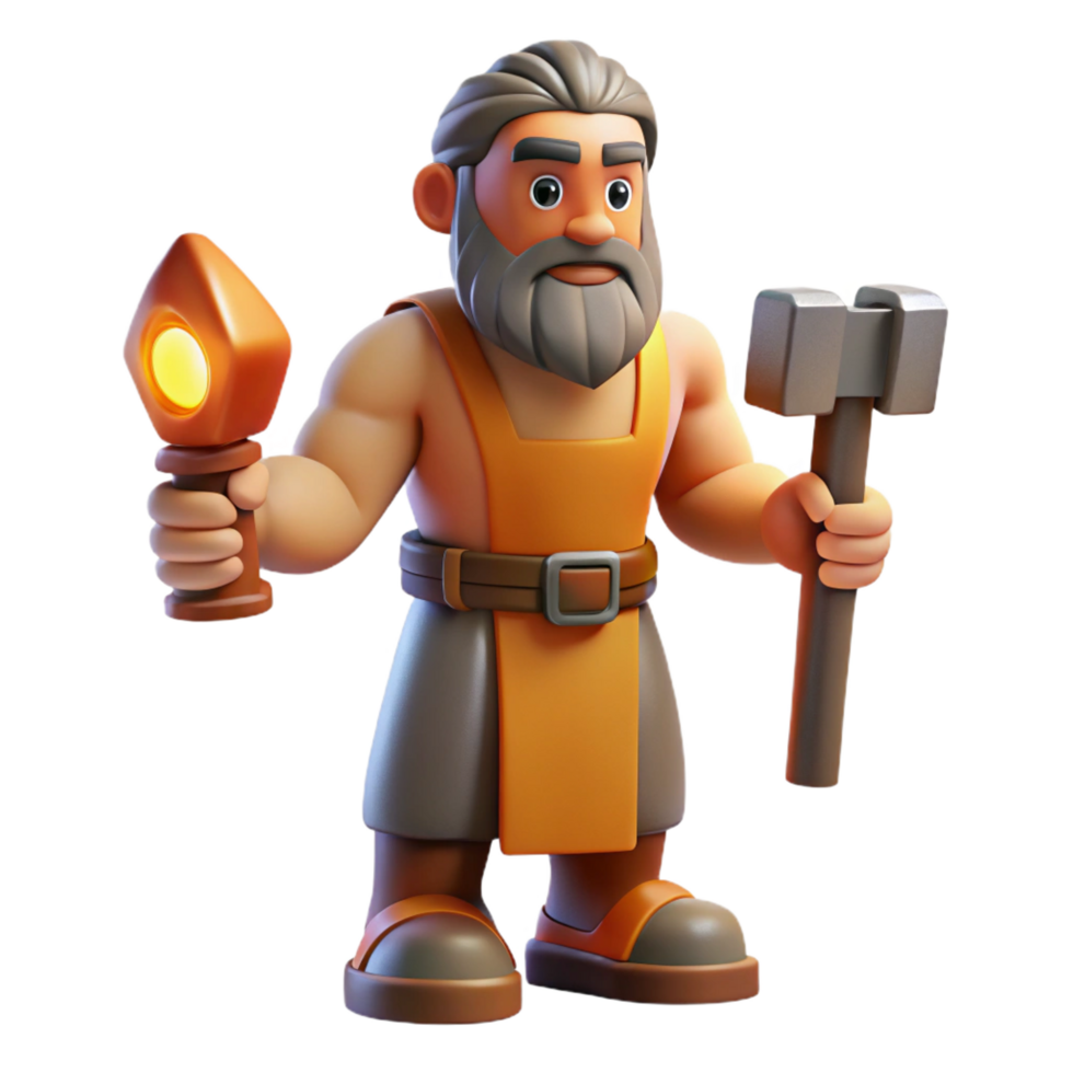 peaceful radiant Hephaestus, god of the forge, holding a hammer. NO BACKGROUND with Transparent Background. refined png