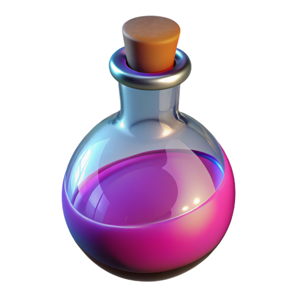 reflective alluring A potion bottle filled with a colorful liquid. NO BACKGROUND with Transparent Background. sharp png