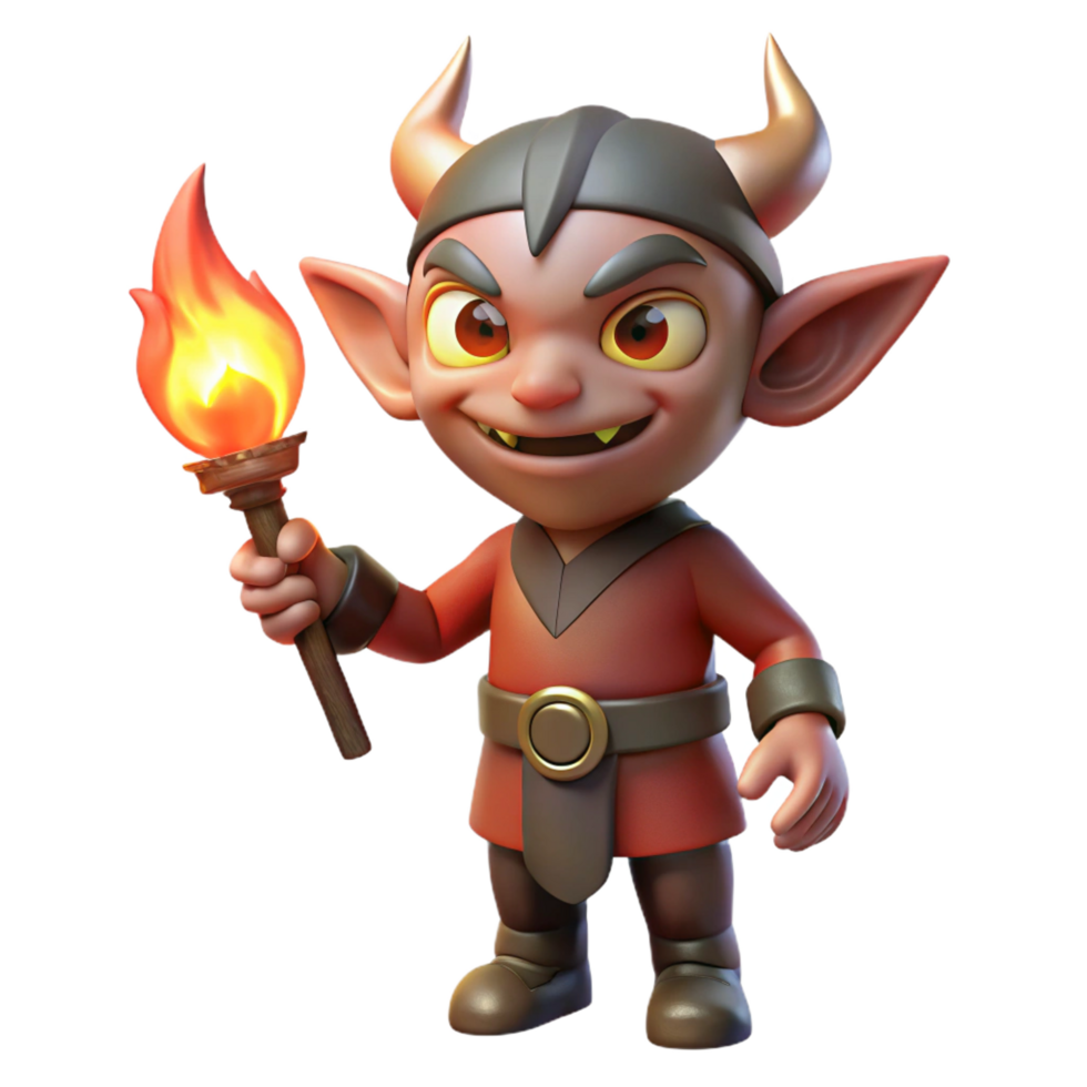 radiant tranquil elegant A small, mischievous imp, holding a flaming torch, NO BACKGROUND with Transparent Background. crisp png