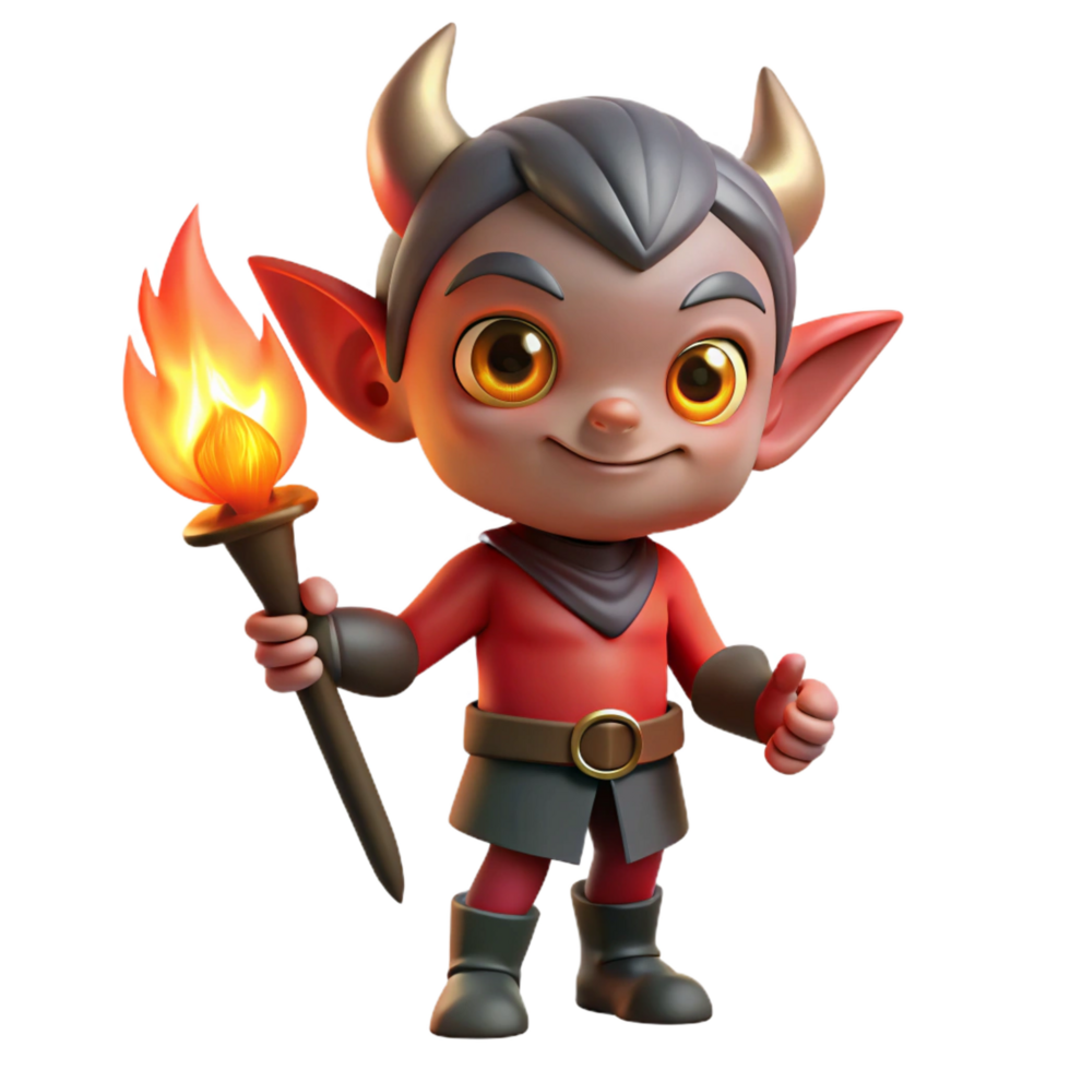memorable modern A small, mischievous imp, holding a flaming torch, NO BACKGROUND with Transparent Background. museum quality png