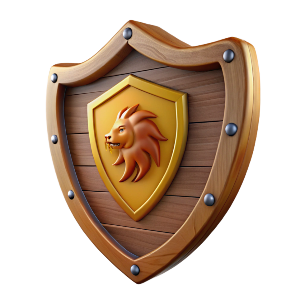 wonderful distinctive A wooden shield, emblazoned with a lion rampant, NO BACKGROUND with Transparent Background. png