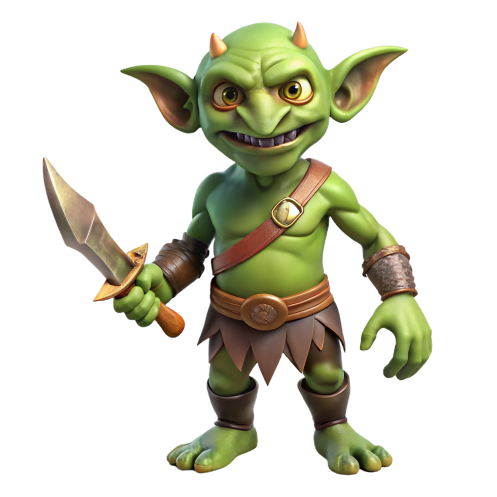 picturesque traditional A realistic goblin, holding a rusty dagger, NO BACKGROUND with Transparent Background. crisp png
