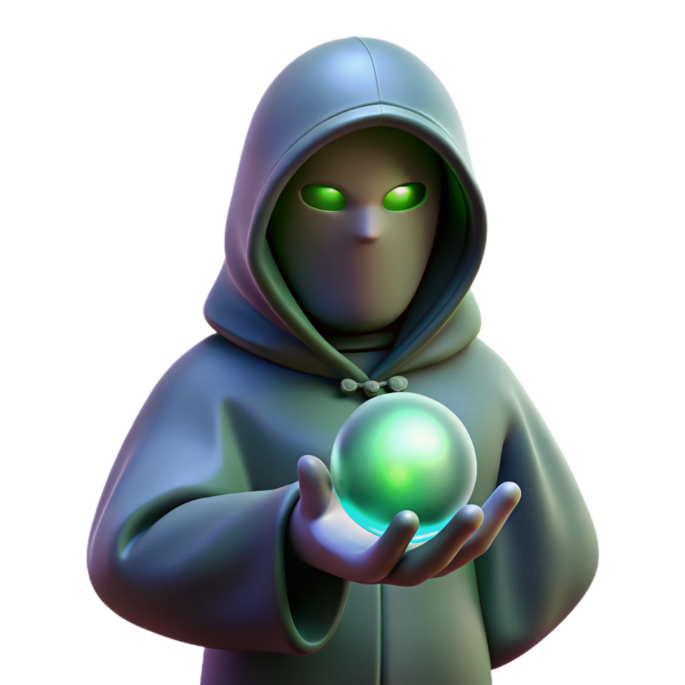 vibrant unparalleled A mysterious, hooded figure, holding a glowing orb, NO BACKGROUND with Transparent Background. png