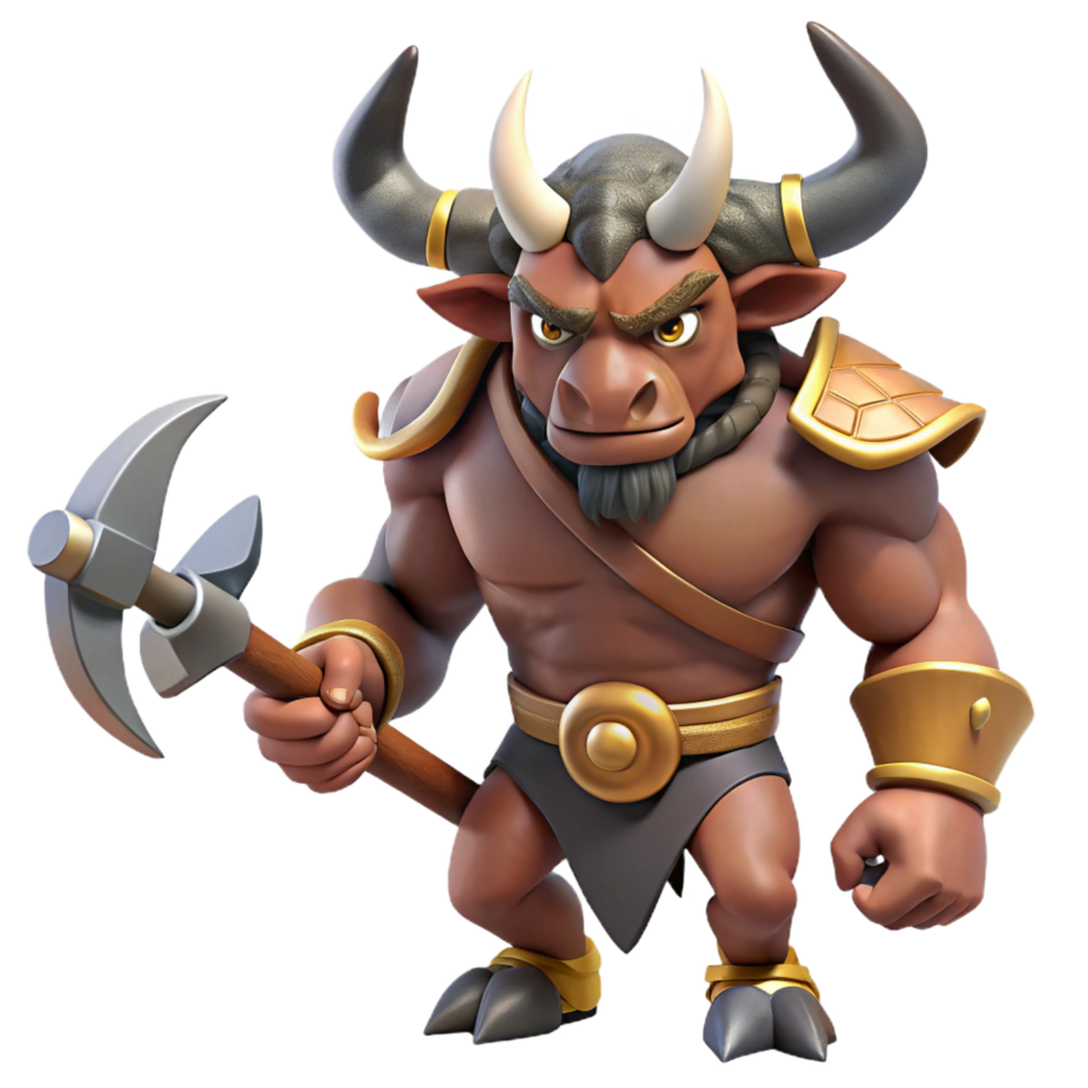 picturesque distinguished A fearsome minotaur, holding a double-headed axe, NO BACKGROUND with Transparent Background. png