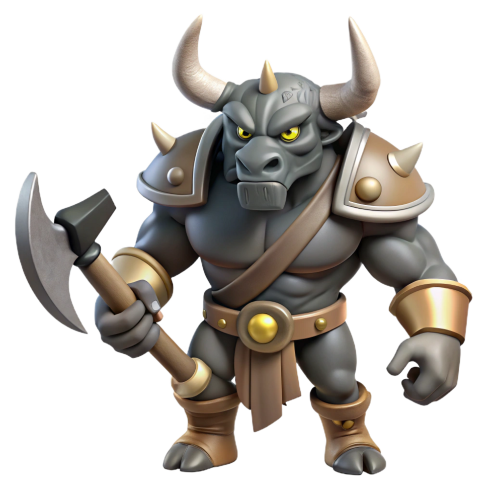 intense picturesque A fearsome minotaur, holding a double-headed axe, NO BACKGROUND with Transparent Background. flawless png
