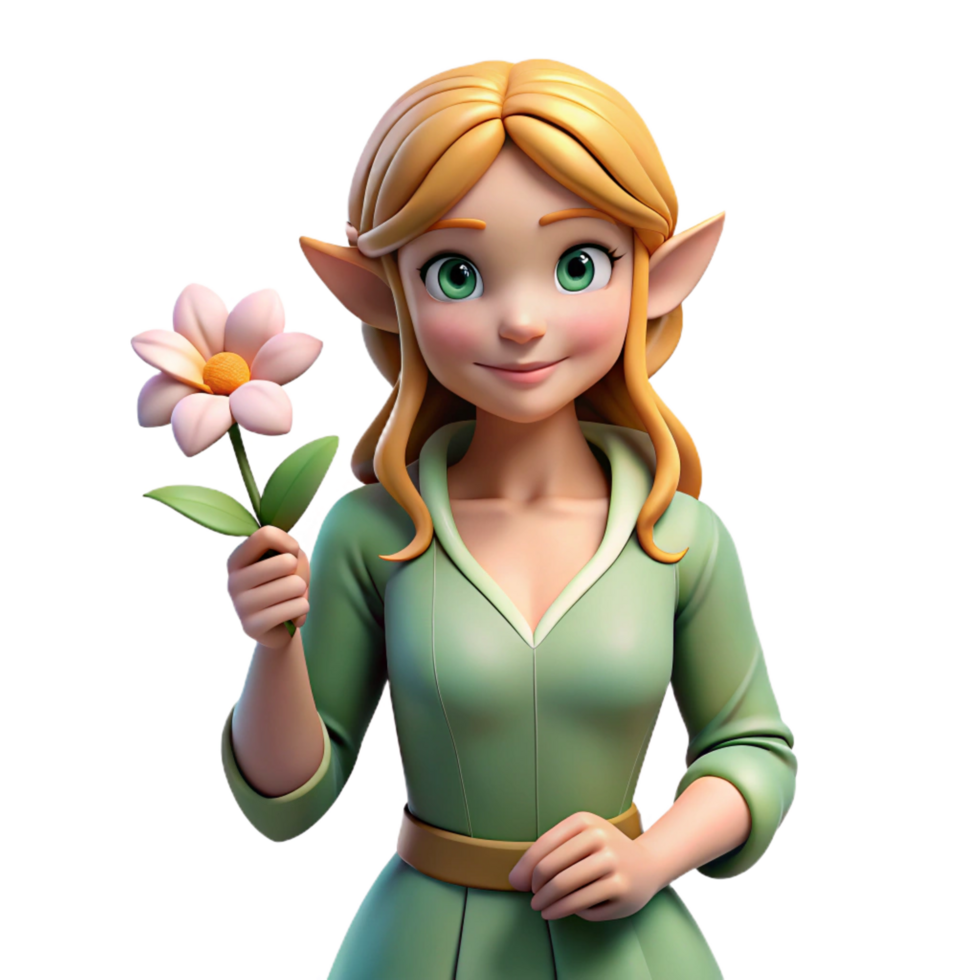 spectacular rustic A beautiful elf maiden, holding a delicate flower. NO BACKGROUND with Transparent Background. detailed png