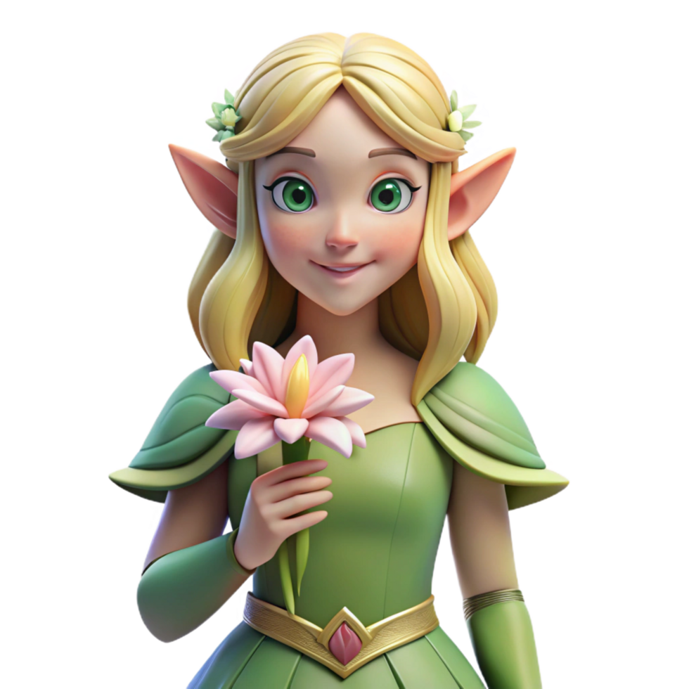 radiant rare A beautiful elf maiden, holding a delicate flower. NO BACKGROUND with Transparent Background. png