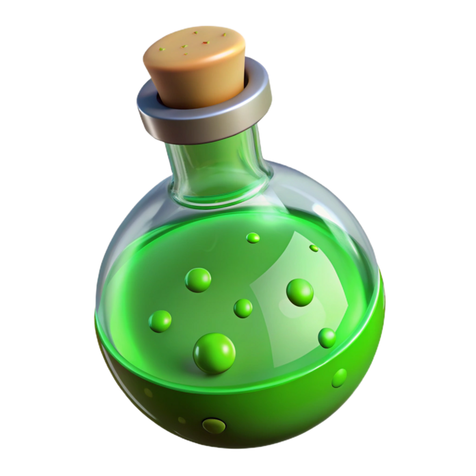 sumptuous whimsical impressionist A magical potion bottle, filled with bubbling green liquid. NO BACKGROUND with Transparent Background. perfect clarity png