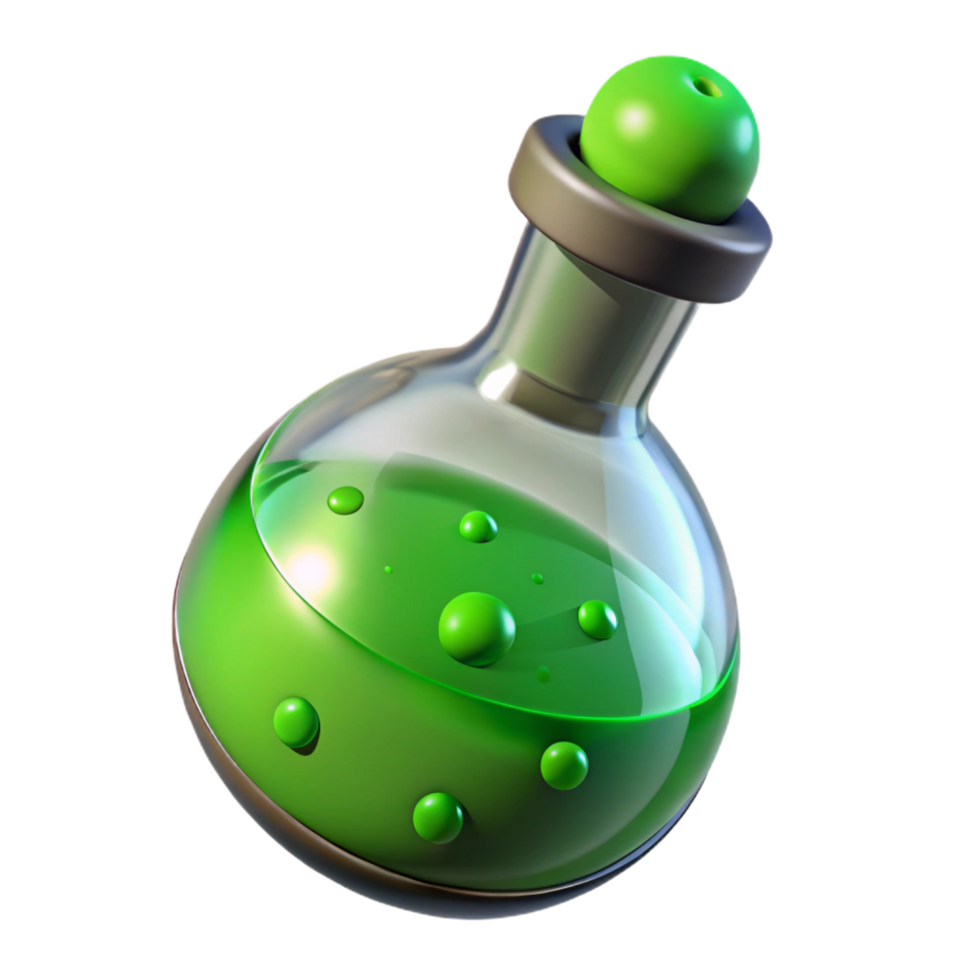 striking standout A magical potion bottle, filled with bubbling green liquid. NO BACKGROUND with Transparent Background. png