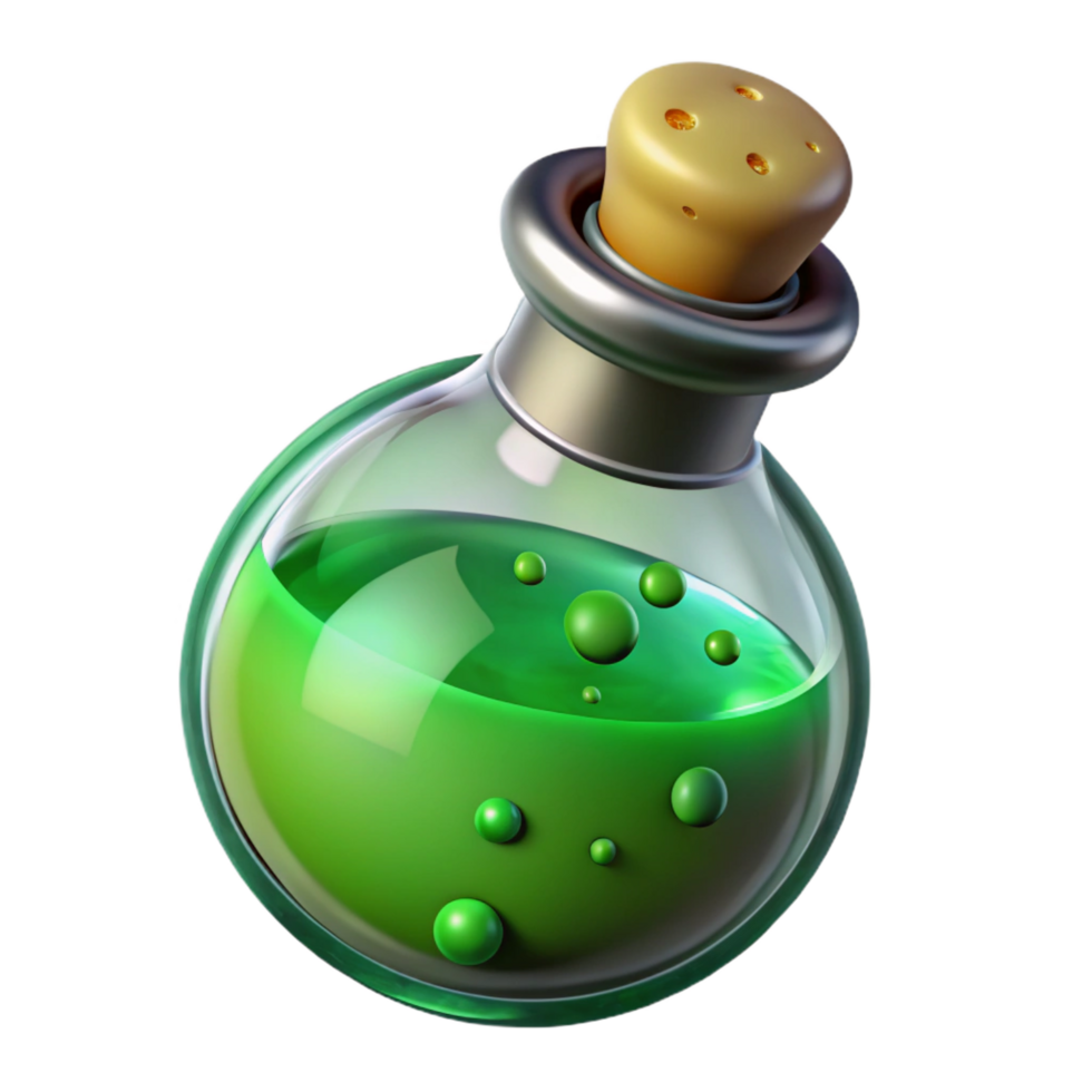 splendid surreal A magical potion bottle, filled with bubbling green liquid. NO BACKGROUND with Transparent Background. masterfully captured png