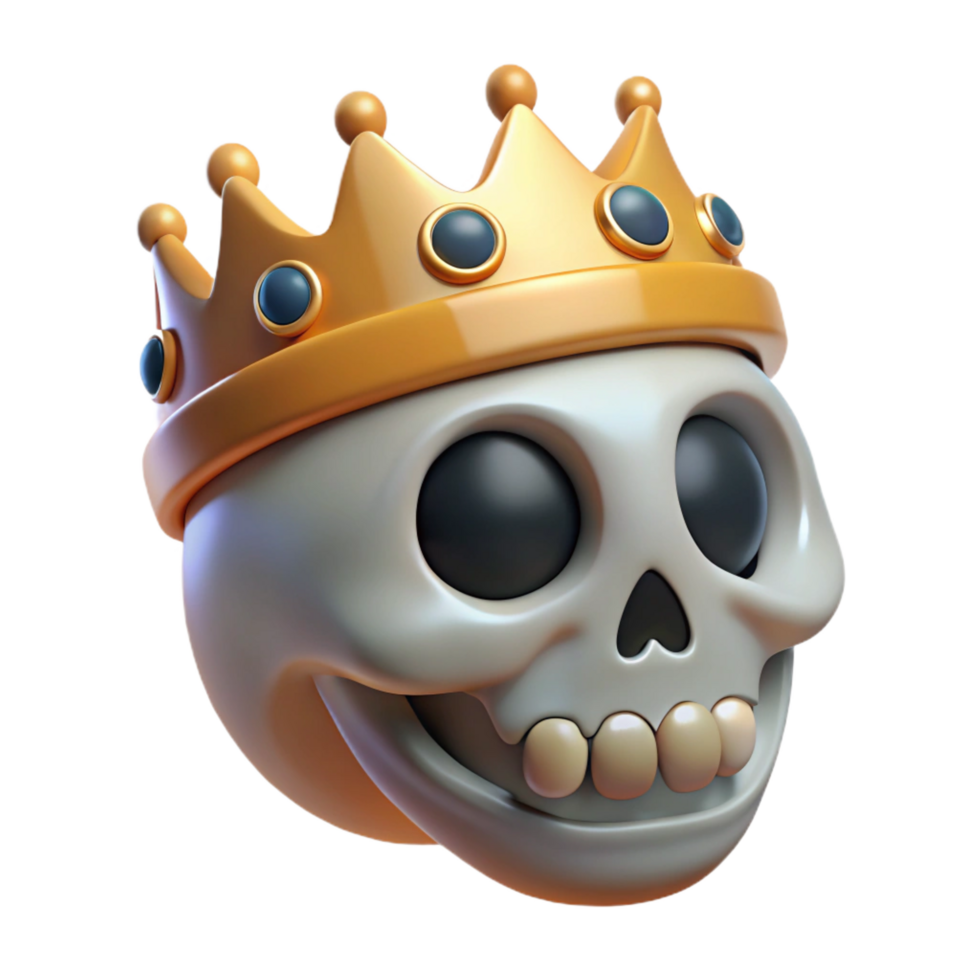 peaceful sumptuous A grinning skull, wearing a jeweled crown. NO BACKGROUND with Transparent Background. authentic png