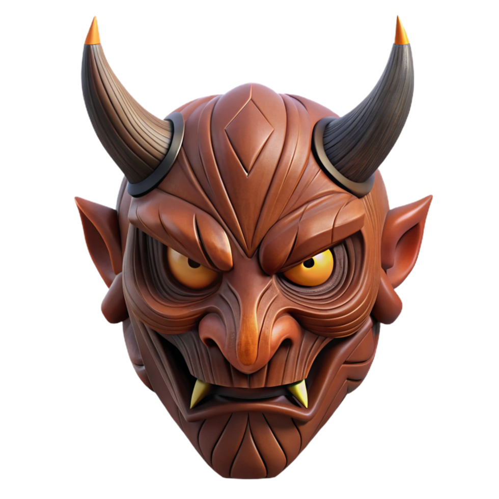 playful magnificent A horned demon mask, carved from dark wood. NO BACKGROUND with Transparent Background. detailed png