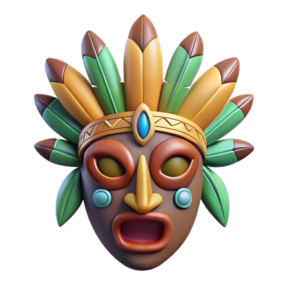 picturesque distinctive A stylized, tribal mask, adorned with feathers and beads. NO BACKGROUND with Transparent Background. png