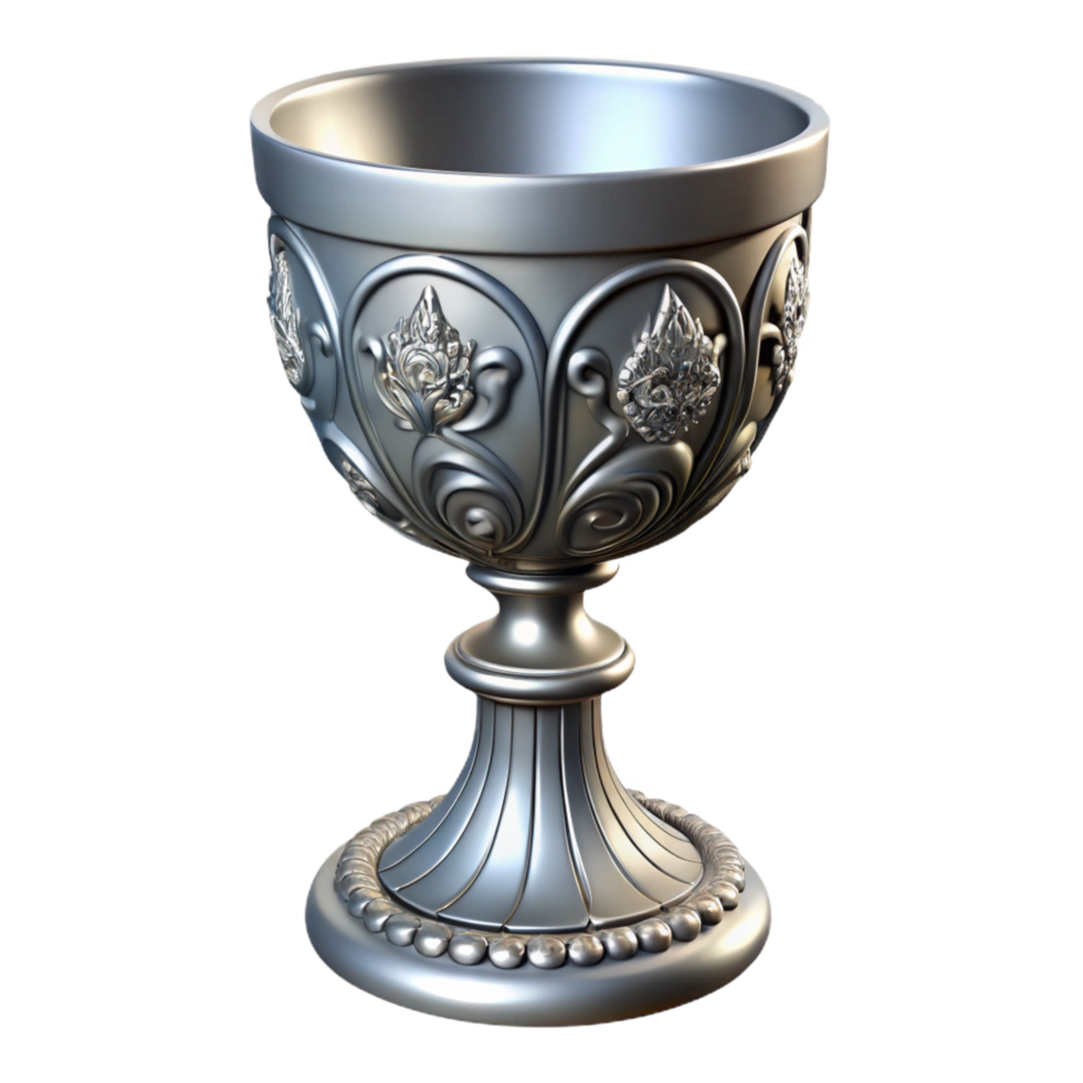 stunning rare A single, ornate silver chalice adorned with intricate carvings. NO BACKGROUND with Transparent Background. png