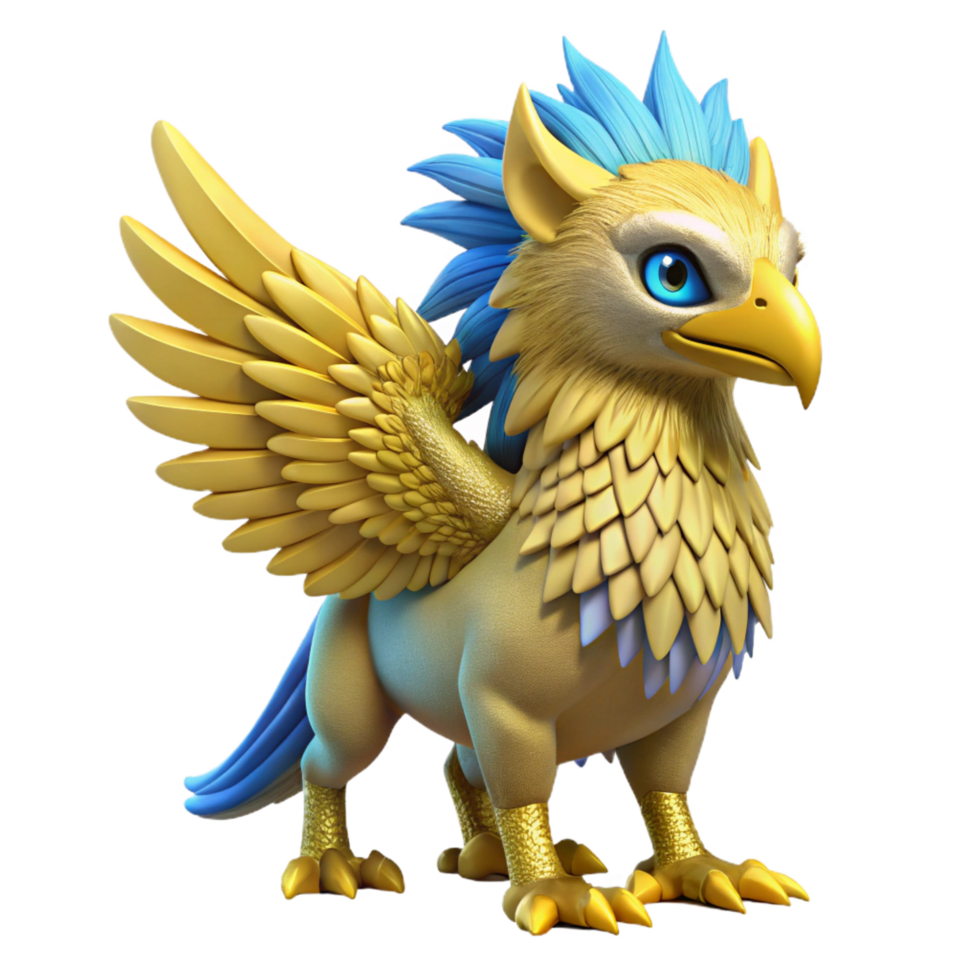 nostalgic breathtaking A majestic griffin with golden feathers and piercing blue eyes. NO BACKGROUND with Transparent Background. crisp png