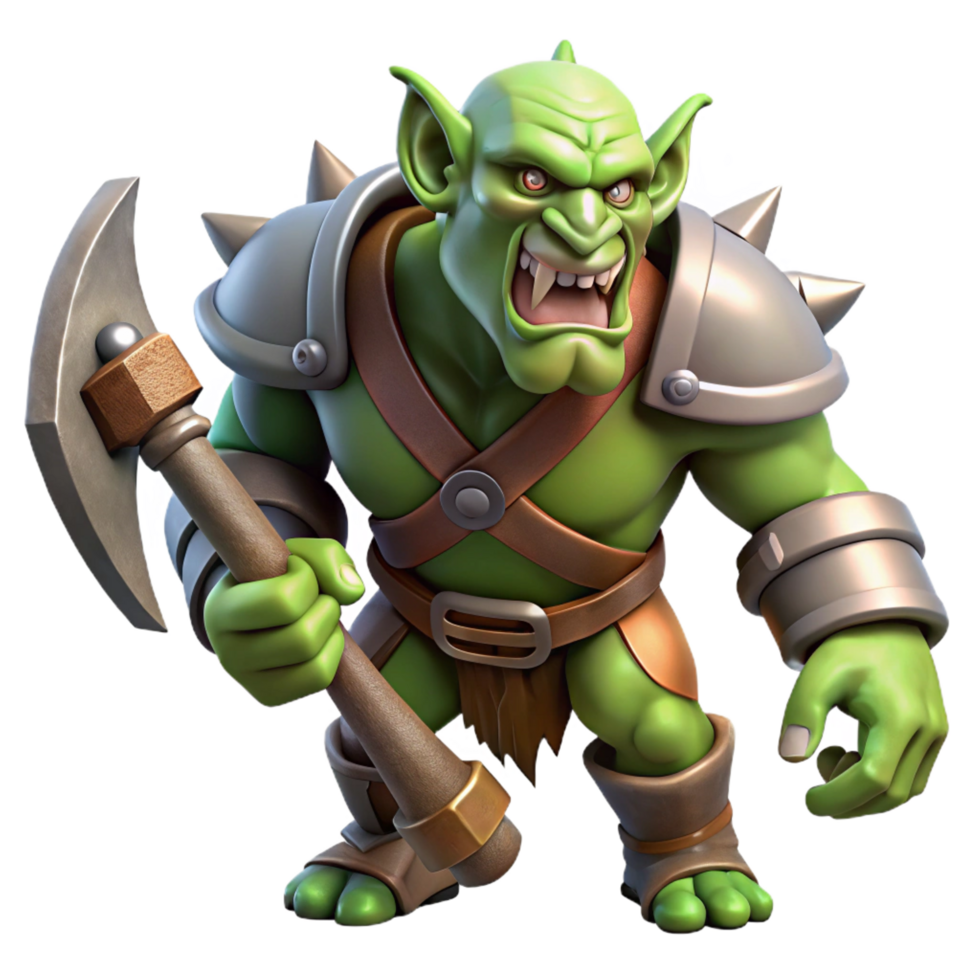 serene mysterious geometric A snarling orc warrior wielding a massive battle axe. NO BACKGROUND with Transparent Background. sharp png