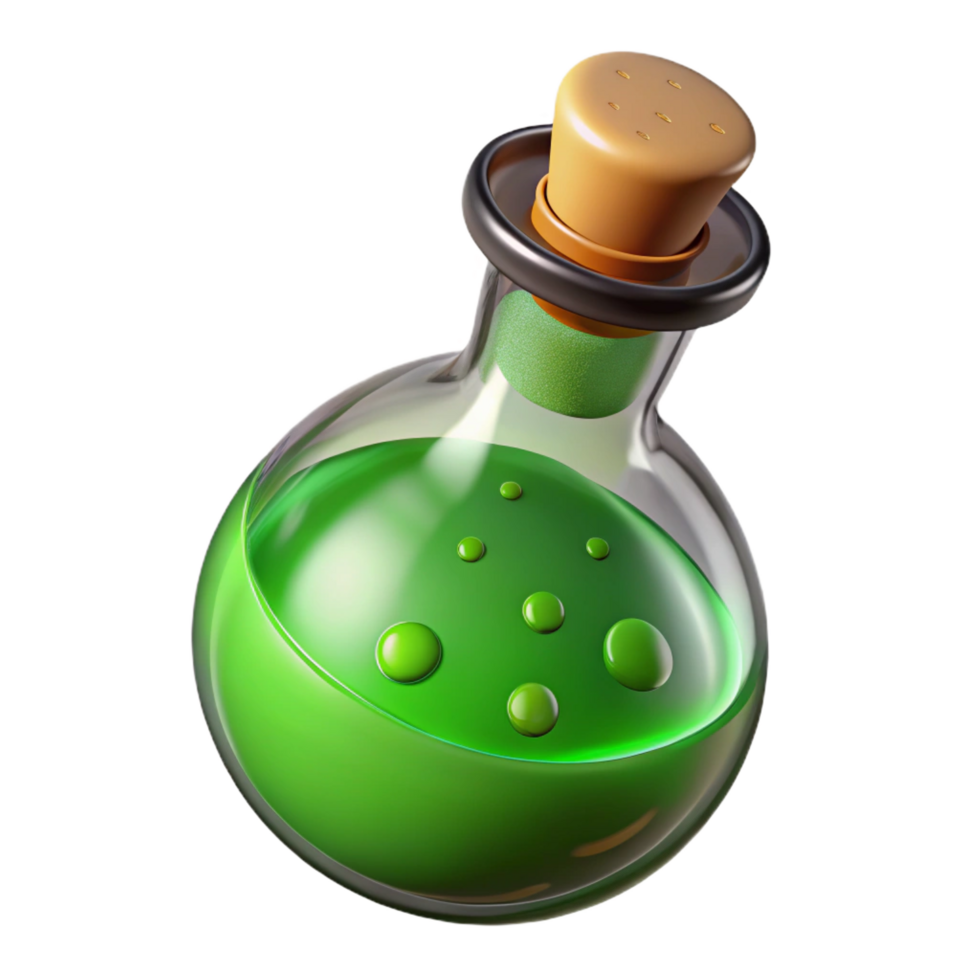 passionate serene A magical potion bottle filled with bubbling green liquid. NO BACKGROUND with Transparent Background. ultra HD png