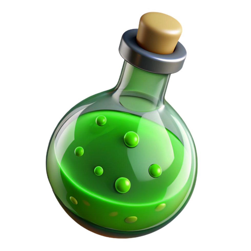 romantic exquisite A magical potion bottle filled with bubbling green liquid. NO BACKGROUND with Transparent Background. high resolution png