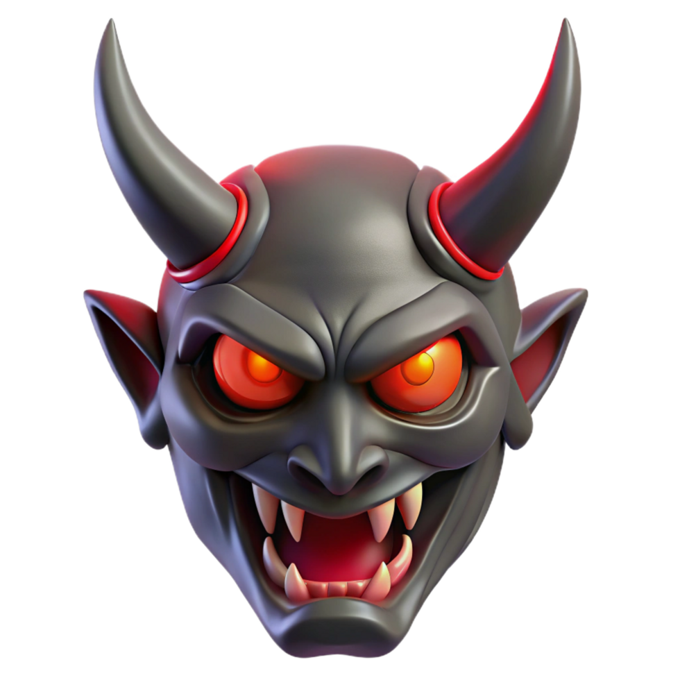 pristine traditional A fearsome demon mask with horns and glowing red eyes. NO BACKGROUND with Transparent Background. studio quality png