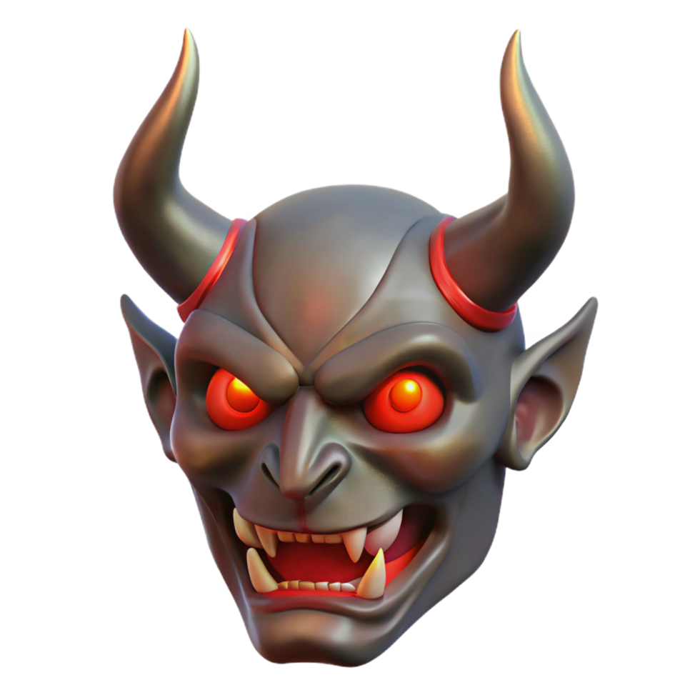 playful impressive A fearsome demon mask with horns and glowing red eyes. NO BACKGROUND with Transparent Background. 4K png