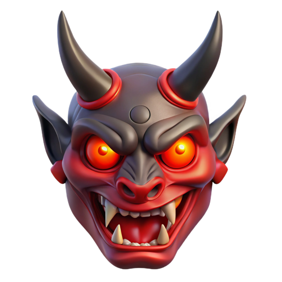 wonderful urban A fearsome demon mask with horns and glowing red eyes. NO BACKGROUND with Transparent Background. masterfully captured png